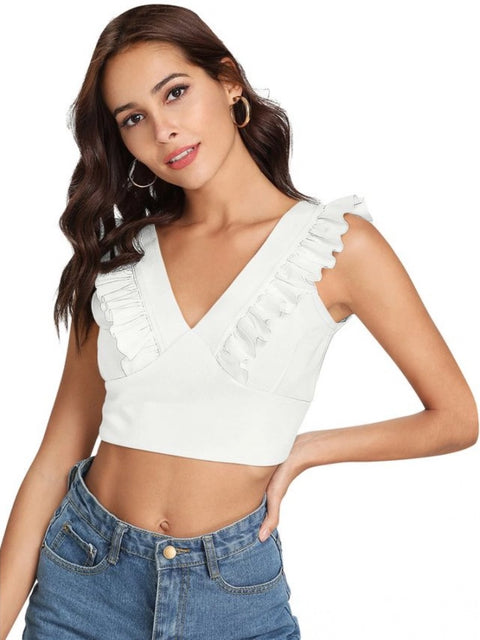 Generic Women's Polyester Solid Sleeveless Shoulder Straps Top (White)