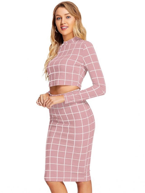 Generic Women's Polyester Checkered Full Sleeves Stand Collar Crop Top Skirt Set (Pink)