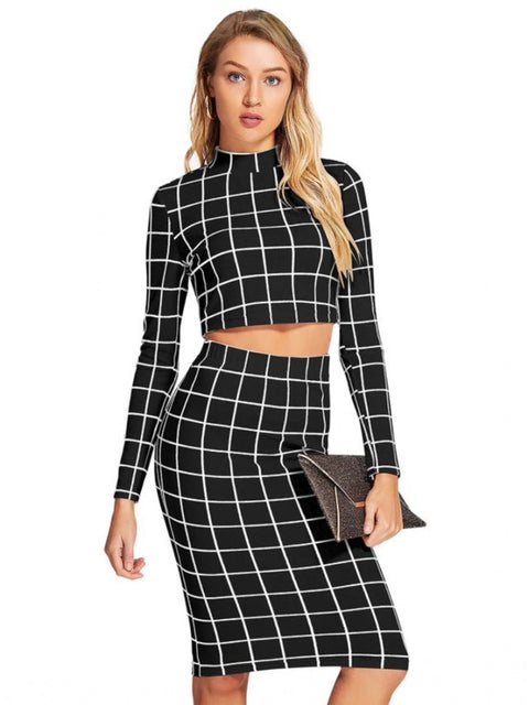 Generic Women's Polyester Checkered Full Sleeves Stand Collar Crop Top Skirt Set (Black)
