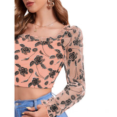 Generic Women's Polyester Solid Full Sleeves Square Collar Top (Peach)