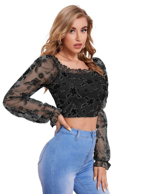 Generic Women's Polyester Solid Full Sleeves Square Collar Top (Black)