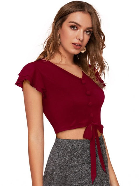 Generic Women's Polyester Solid Short Sleeves V Neck Top (Maroon)
