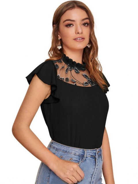 Generic Women's Polyester Solid Cap Sleeve Sweetheart Neck Top (Black)