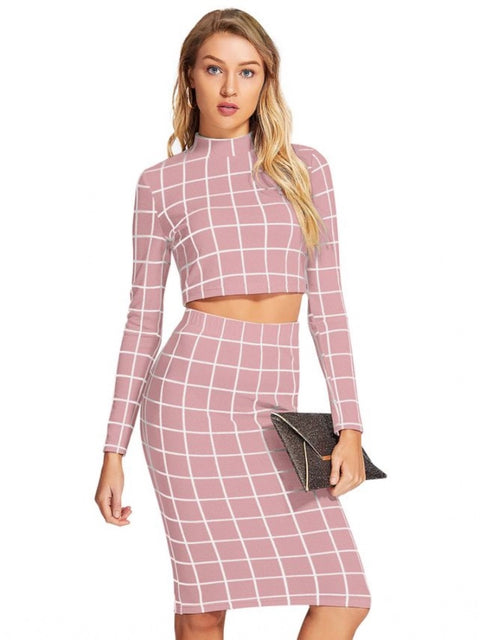 Generic Women's Polyester Checkered Full Sleeves Stand Collar Crop Top Skirt Set (Pink)