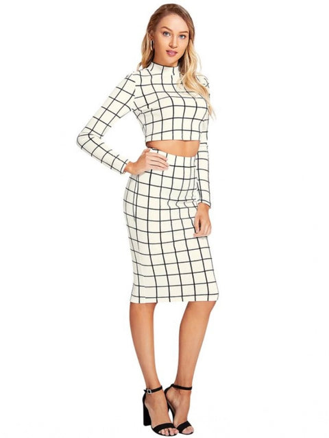 Generic Women's Polyester Checkered Full Sleeves Stand Collar Crop Top Skirt Set (White)