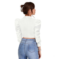 Generic Women's Polyester Solid Puff Sleeves Lapel Collar Top (White)
