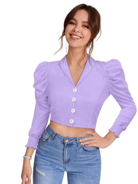 Generic Women's Polyester Solid Puff Sleeves Lapel Collar Top (Purple)