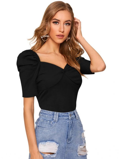 Generic Women's Polyester Solid Puff Short Sleeves Sweetheart Neck Top (Black)