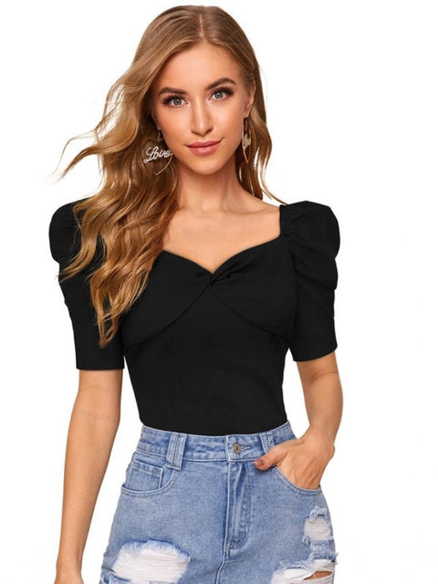 Generic Women's Polyester Solid Puff Short Sleeves Sweetheart Neck Top (Black)