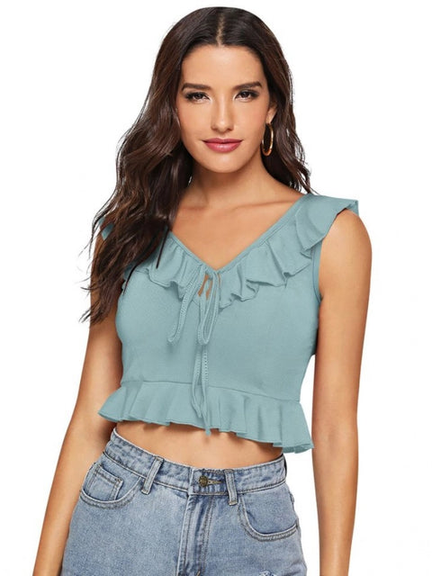 Generic Women's Polyester Solid Sleeveless Ruffle Neck Top (Pista)