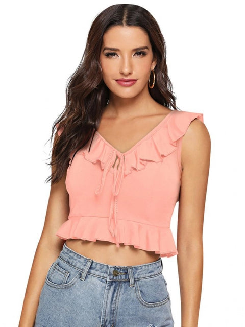 Generic Women's Polyester Solid Sleeveless Ruffle Neck Top (Peach)