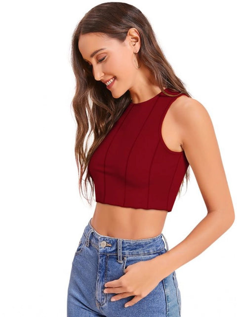 Generic Women's Polyester Solid Sleeveless Round Neck Top (Maroon)