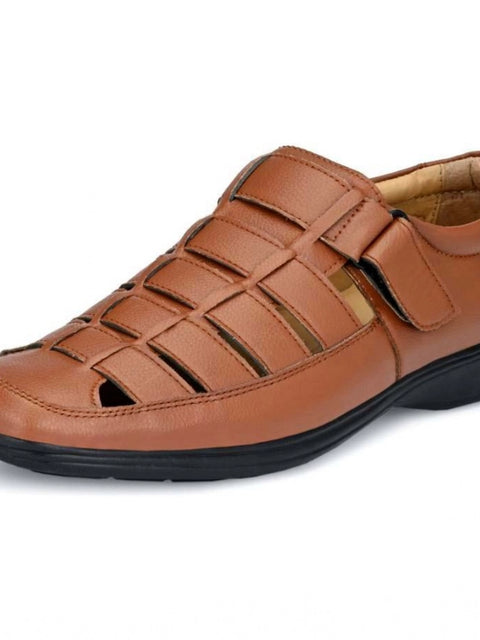 Generic Men's Casual Faux Leather Solid Velcro Sandal (Tan)