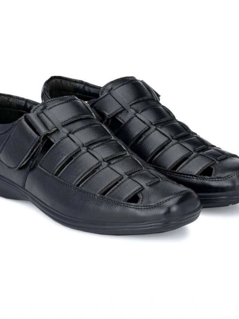 Generic Men's Casual Faux Leather Solid Velcro Sandal (Black)