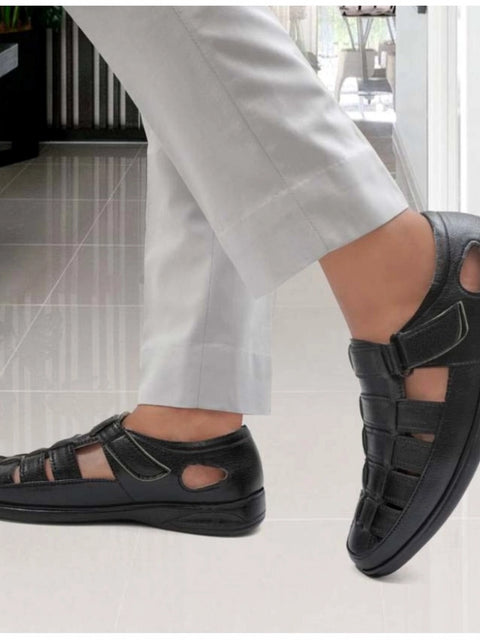 Generic Men's Casual Faux Leather Solid Velcro Sandal (Black)