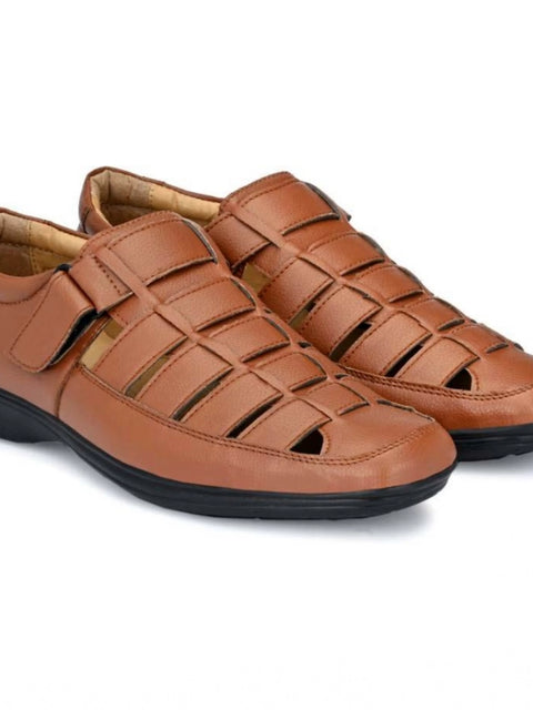 Generic Men's Casual Faux Leather Solid Velcro Sandal (Tan)