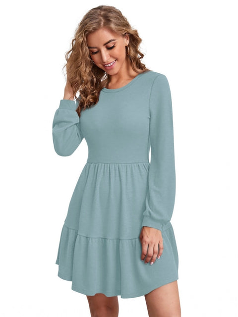 Generic Women's Knitting stretchable Solid Round Neck Full Sleeve Dress (Pista)