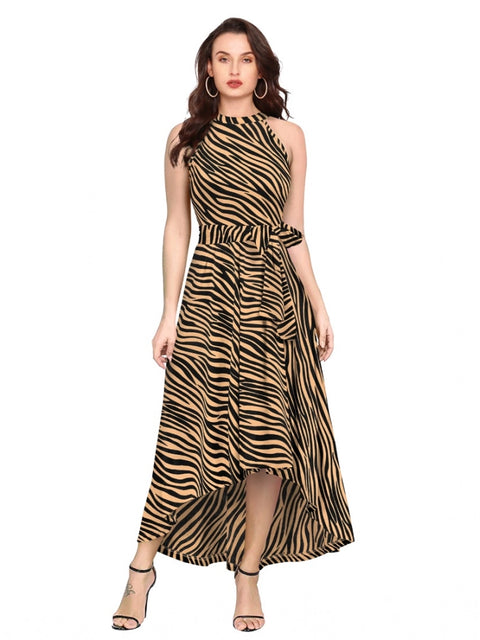 Generic Women's Polyester Zebra Pattern Halter Neck Sleeveless Dress (Yellow)