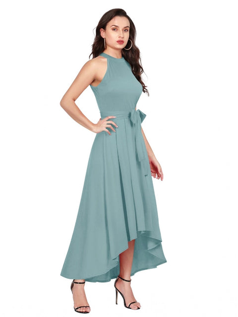 Generic Women's Polyester Solid Halter Neck Sleeveless Dress (Pista)