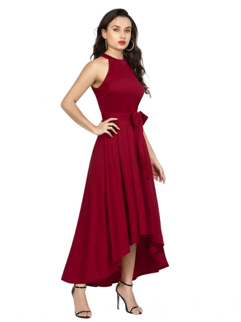 Generic Women's Polyster Solid Halter Neck Sleeveless Dress (Maroon)