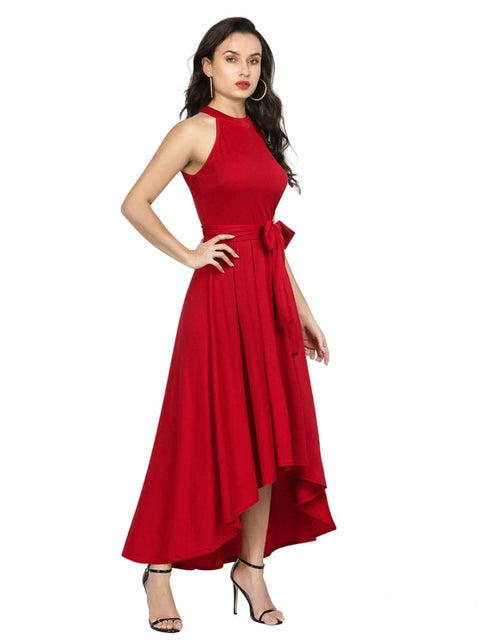 Generic Women's Polyster Solid Halter Neck Sleeveless Dress (Red)