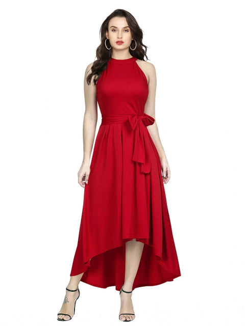 Generic Women's Polyster Solid Halter Neck Sleeveless Dress (Red)