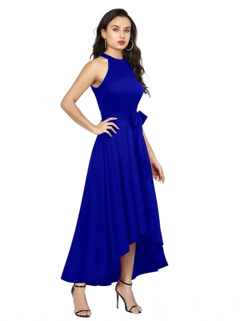 Generic Women's Polyster Solid Halter Neck Sleeveless Dress (Royal Blue)