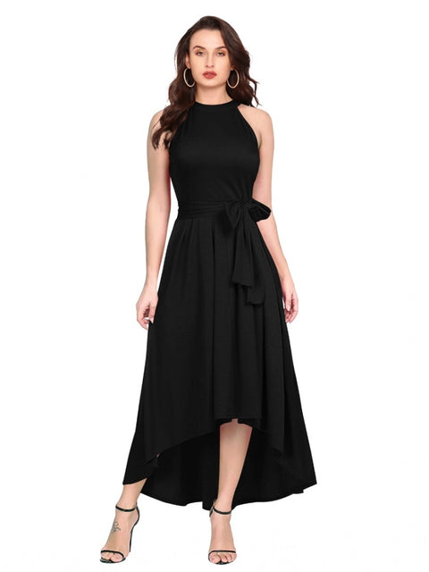 Generic Women's Polyster Solid Halter Neck Sleeveless Dress (Black)