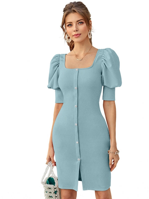 Generic Women's Knitting stretchable Solid Square Neck 3-4 Puff Sleeve Dress (Pista)