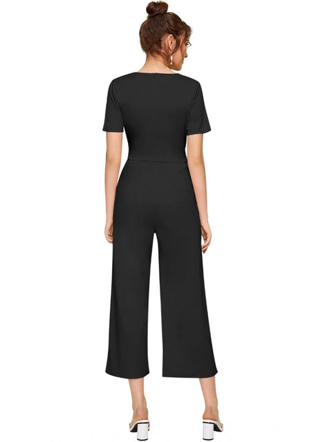 Generic Women's Knitting stretchable Solid Round Neck Cap Sleeve Jumpsuit (Black)