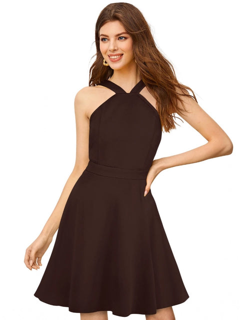 Generic Women's Knitting stretchable Solid Halter Neck Sleeveless Dress (Coffee)