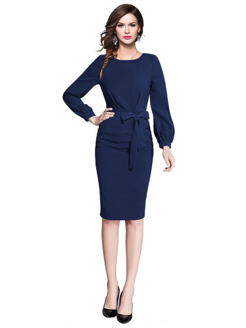 Generic Women's Knitting stretchable Solid Round Neck Full Sleeve Dress (Blue)