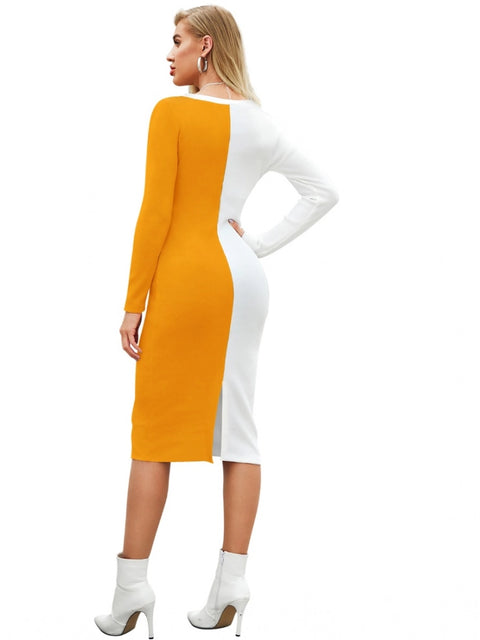 Generic Women's Knitting stretchable Solid Round Neck Full Sleeve Dress (Yellow)