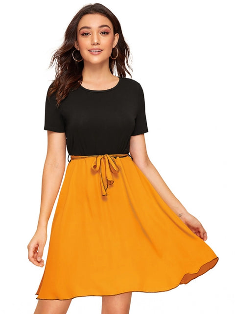Generic Women's Knitting stretchable Solid Round Neck Cap Sleeve Dress (Yellow)