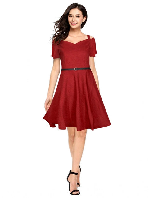 Generic Women's Polyester Solid V Neck Cap Sleeve Dress (Maroon)