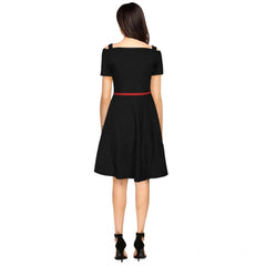 Generic Women's Polyester Solid V Neck Cap Sleeve Dress (Black)