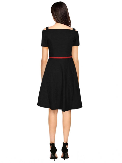 Generic Women's Polyester Solid V Neck Cap Sleeve Dress (Black)