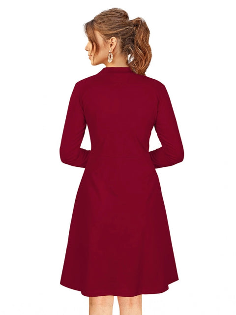 Generic Women's Knitting stretchable Solid Round Neck Full Sleeve Dress (Maroon)