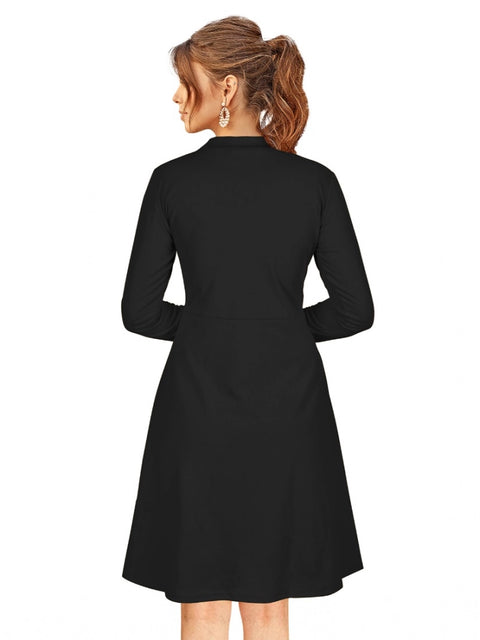 Generic Women's Knitting stretchable Solid Round Neck Full Sleeve Dress (Black)