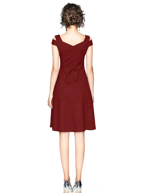 Generic Women's Polyester Solid V Neck Cap Sleeve off Shoulder Dress (Maroon)