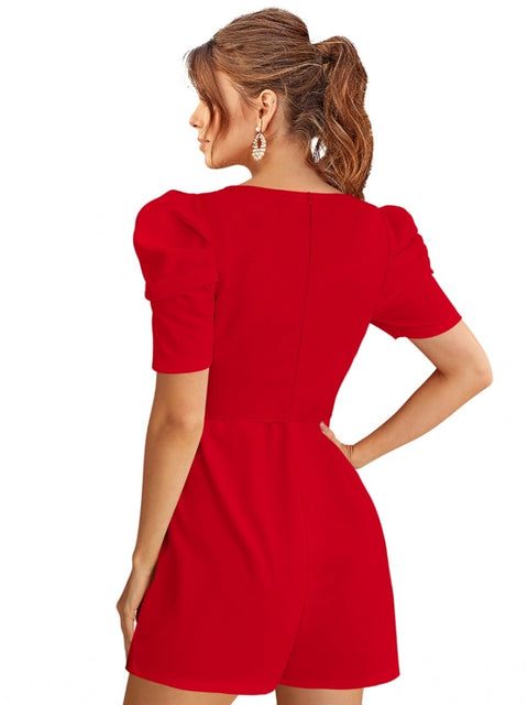 Generic Women's Knitting stretchable Solid Round Neck 3-4 Puff Sleeve Dress (Red )