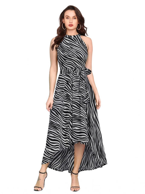 Generic Women's Polyester Zebra Pattern Halter Neck Sleeveless Dress (Navy Blue)