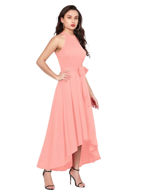 Generic Women's Polyster Solid Halter Neck Sleeveless Dress (Peach)