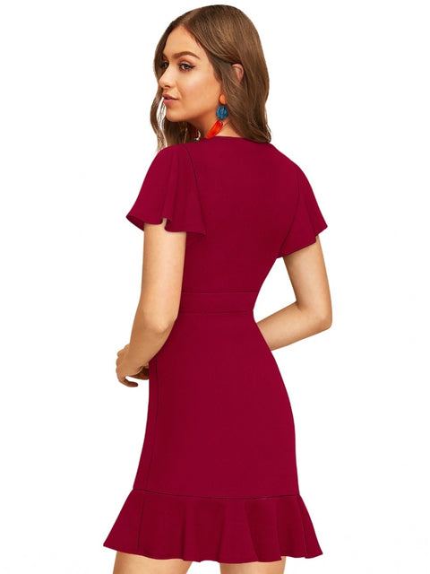 Generic Women's Knitting stretchable Solid V Neck Flaired Sleeve Dress (Maroon )