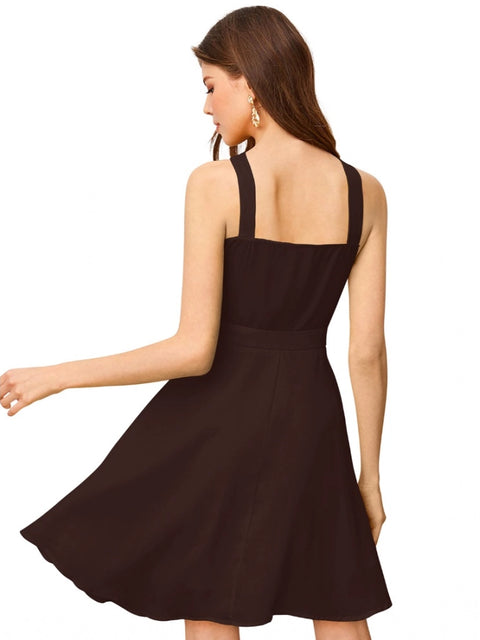 Generic Women's Knitting stretchable Solid Halter Neck Sleeveless Dress (Coffee)