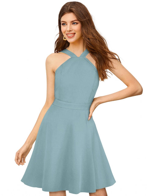 Generic Women's Knitting stretchable Solid Halter Neck Sleeveless Dress (Pista )