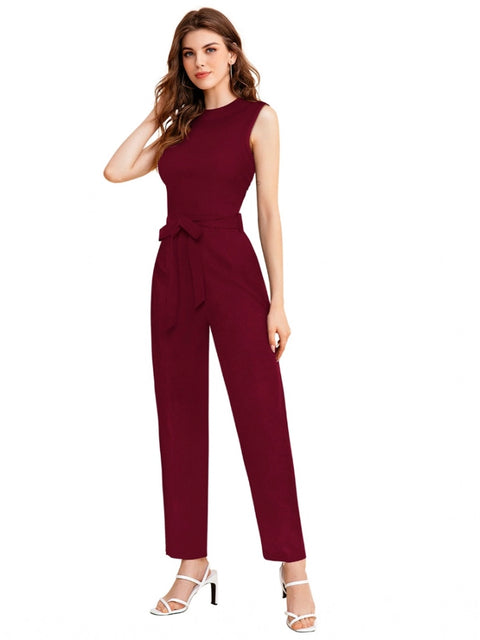 Generic Women's Knitting stretchable Solid Round Neck Sleeveless Jumpsuit (Maroon)