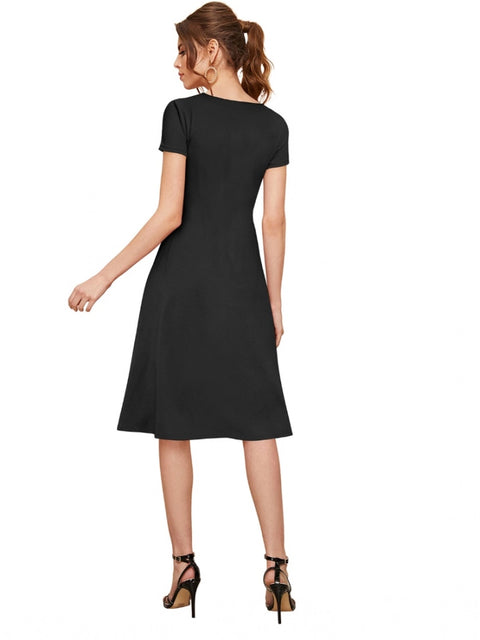 Generic Women's Knitting stretchable Solid Round Neck Cap Sleeve Dress (Black)