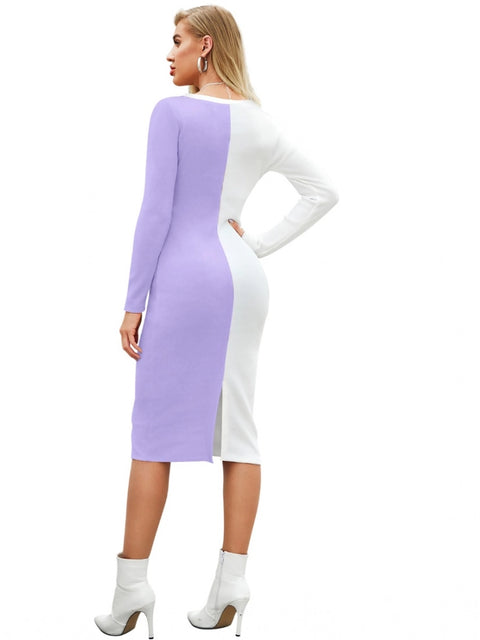 Generic Women's Knitting stretchable Solid Round Neck Full Sleeve Dress (Purple)