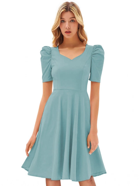 Generic Women's Knitting stretchable Solid V Neck Cap Sleeve Dress (Pista)